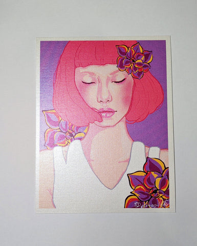 art print of a woman with pink hair and flowers with a pearlescent finish