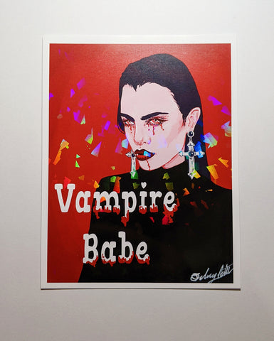 art print of a vampire woman with a holographic finish