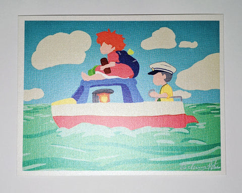art print of a boat in an ocean from ponyo with a pearlescent finish