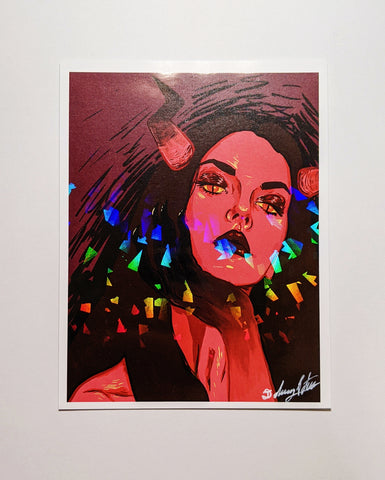 art print of a red demon woman with a holographic finish
