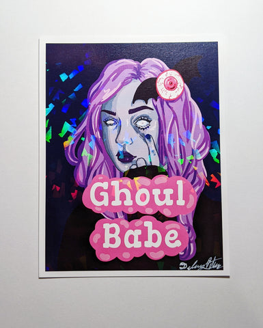 art print of a ghoul woman with a holographic finish