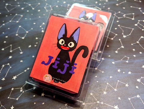 a wax melt label that pictures jiji from kiki's delivery service. it reads "jiji, wax melt, 3 ounces"