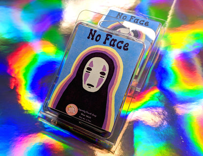 a wax melt label that pictures no face from spirited away. it reads "no face, wax melt, 3 ounces"